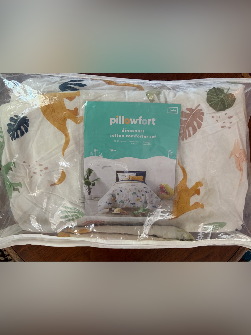 Pillowfort Kids Cotton Comforter Set - White with Mustard & Green Dinosaurs